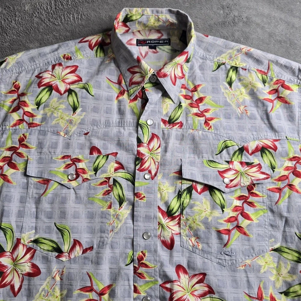 Roper Western Shirt Mens Medium Gray Floral Short Sleeve Hawiian Resort
